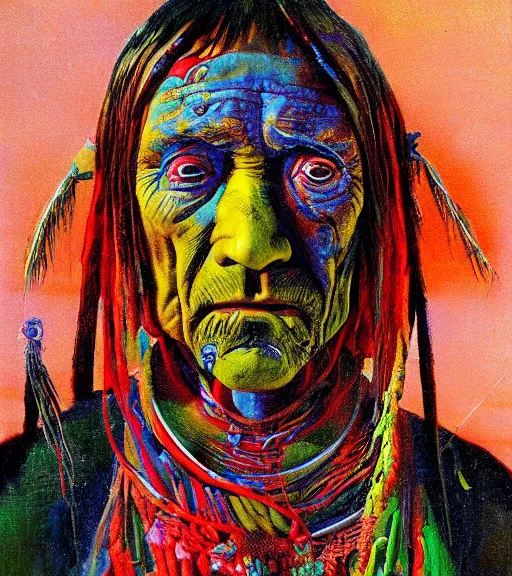 Image similar to Portrait painting in a style of Beksinski of an old shaman dressed in a colorful traditional clothes.