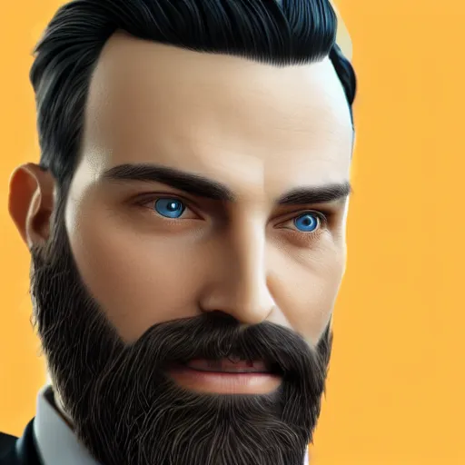 Image similar to a highly detailed portrait of a man, with a brown short beard and hair, blue eyes, wearing a tuxedo, artstation, deviantart, professional, octane render