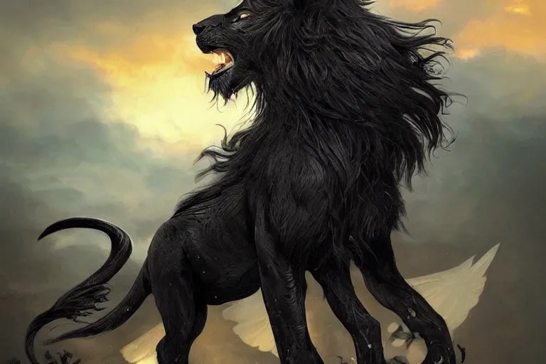 Prompt: Magnificent black lion with wings on a beautiful fantasy landscape, sunset, HD, illustration, epic, D&D, fantasy, intricate, elegant, highly detailed, digital painting, artstation, concept art, smooth, sharp focus, illustration, wallpaper, art by artgerm and greg rutkowski and alphonse mucha and jin xiaodi