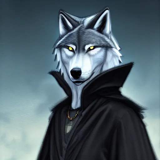 Image similar to an anthropomorphic wolf in a black doublet looking out over the hills, artstation hq, stylized, sharp focus, concept art, furaffinity fursona, furry, anthropomorphic, digital art by ayami kojima