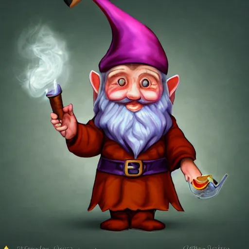 Image similar to gnome archmage wearing purple robes, a floppy wizard hat, and smoking a pipe artstation