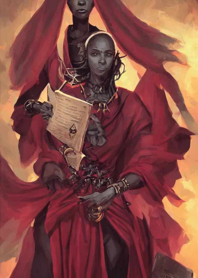 Image similar to a female dnd wizard's portrait by brian patterson and rhads, black skin, african, ethiopian, red robes, necromancer, clear - eyed, elegant bones, skulls, papers and tomes