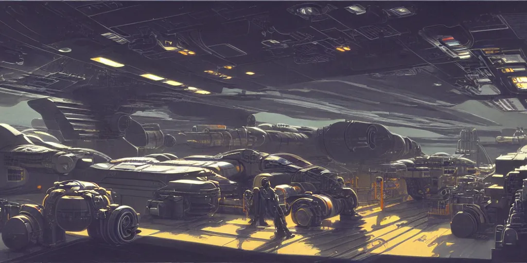 Prompt: highly detailed matte painting science fiction cargo bay interior, ships, hangar, industrial, workers, robots, mechs. environment art by syd mead and john berkley, john harris. concept art,