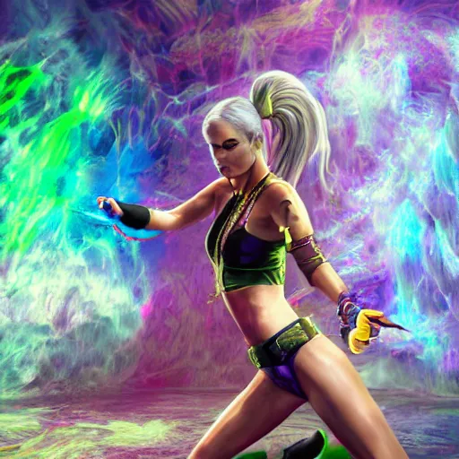 Image similar to Long Shot of psychodelic Sonya Blade in mysterious astral temple jumpin with pistol in river of chromatic SPIRITS , beautiful, dmt, trending on artstation, omnious, soft, hypermaximalistic, high details, cinematic, 8k resolution, artwork by Wong, Liam