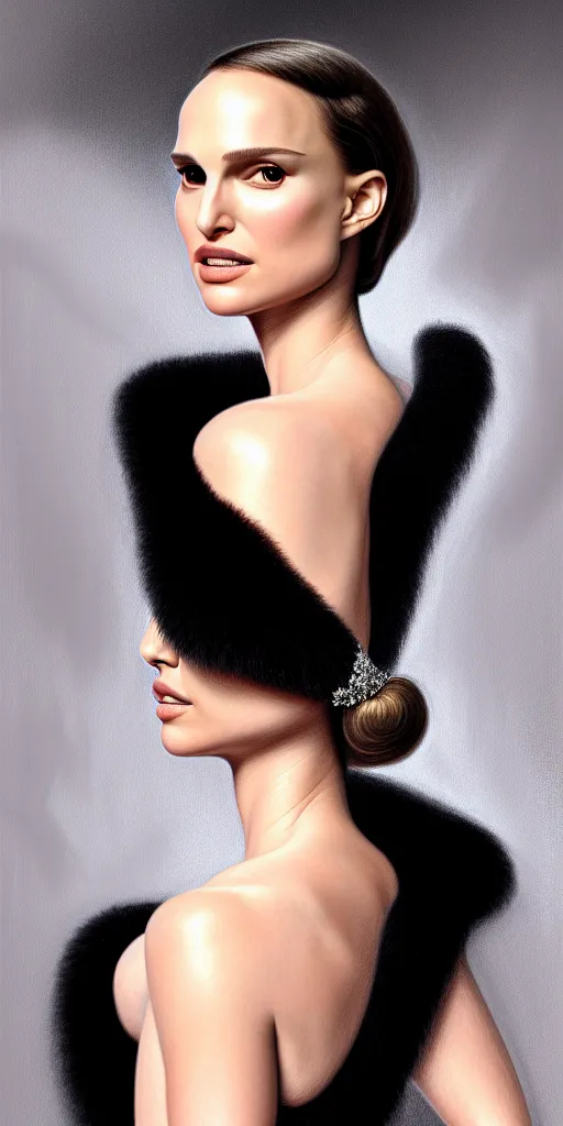 Image similar to Natalie Portman, wearing an evening gown, alexander mcqueen couture, very detailed portrait, ultrarealistic, dramatic lighting, electrical details, high details, 4k, 8k, best, accurate, trending on artstation, fur, artstation, photorealism, ultrarealistic, digital painting, style of Dali, Caravaggio, Boris Vallejo