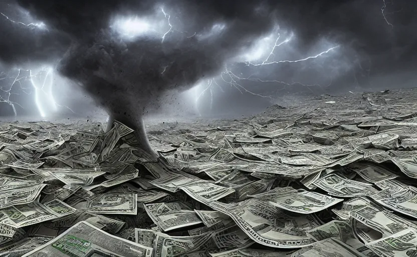 Image similar to A tornado made of cash and Ethereum, cyrpto, landscape art, concept art, intense, 4k UHD