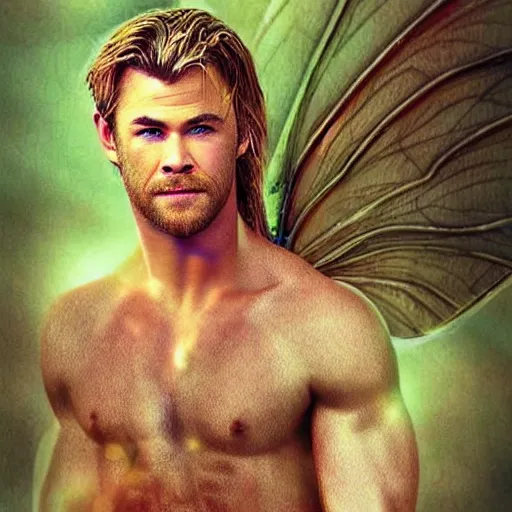 Prompt: Portrait of Chris Hemsworth as a fairy, beautiful! Handsome! digital art