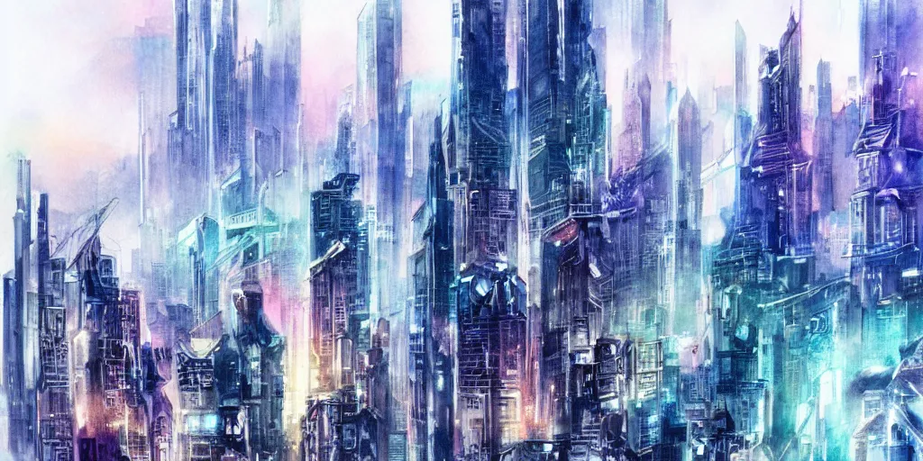 Prompt: futuristic city, exquisite masterpiece watercolor painting, trending on artstation