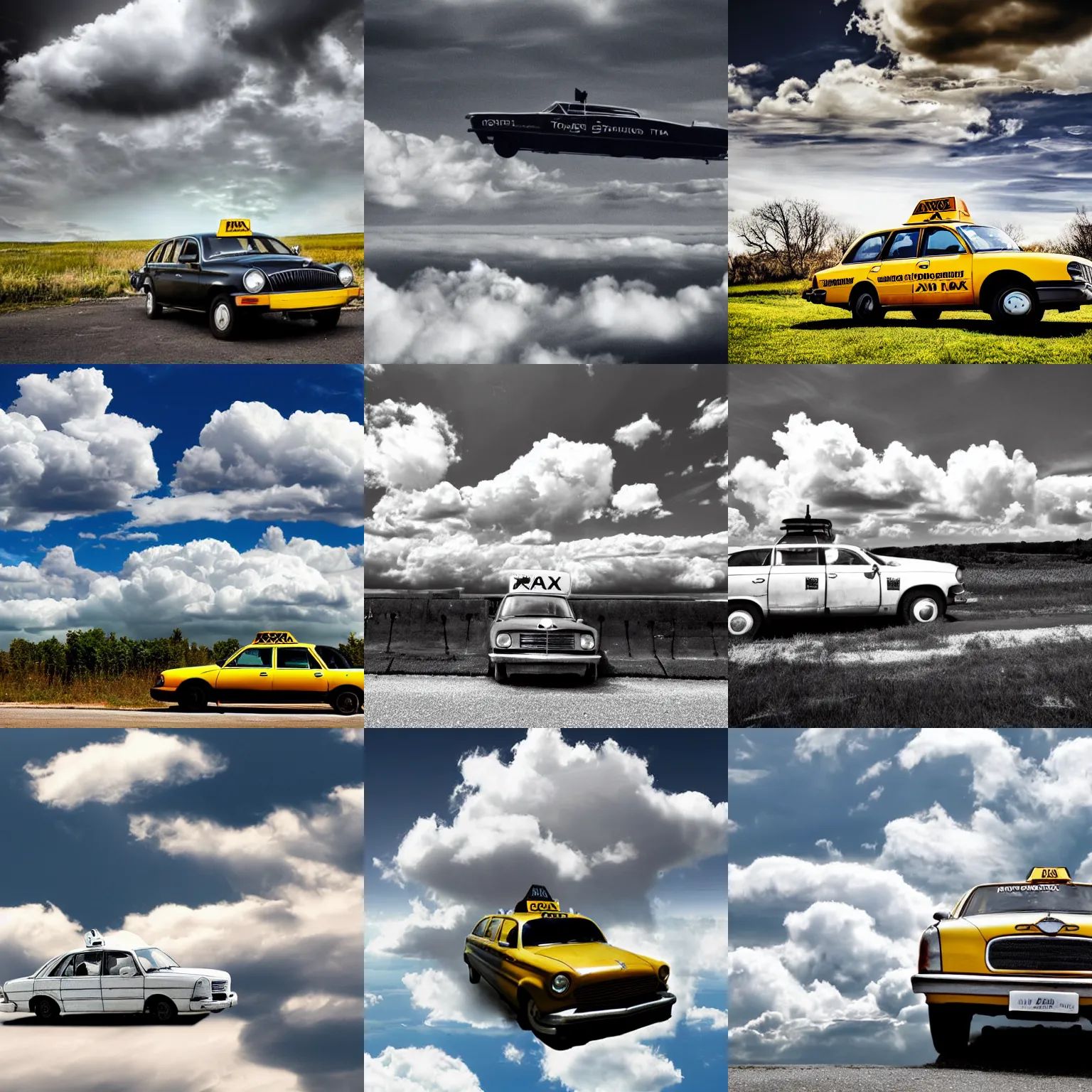 Prompt: an old taxi car floating above cumulus clouds in the sky, dramatic