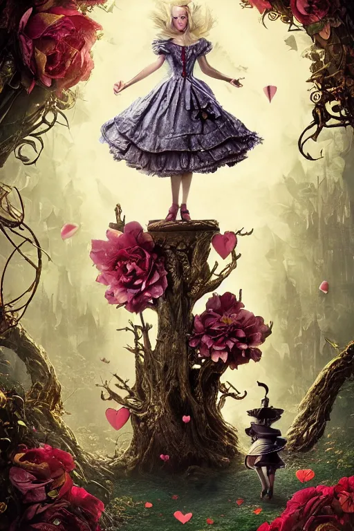 Image similar to poster of Alice in wonderland, Dark Souls 3 themed, surrounded by falling hearts and flower petals, insanely detailed and intricate, golden ratio, elegant, ornate, luxury, elite, ominous, haunting, matte painting, cinematic, cgsociety, James jean, Brian froud, ross tran, Laputa