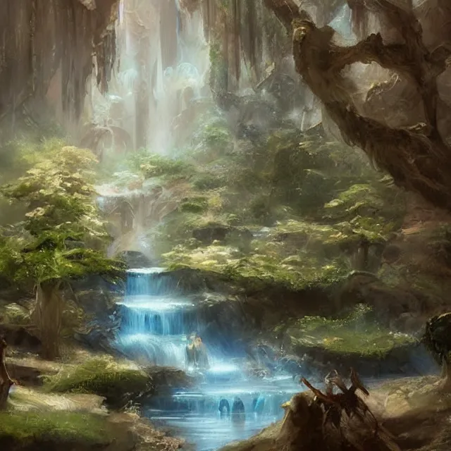 Image similar to the delicate opal palace overlooks the gentle stream. oil painting by the award - winning concept artist