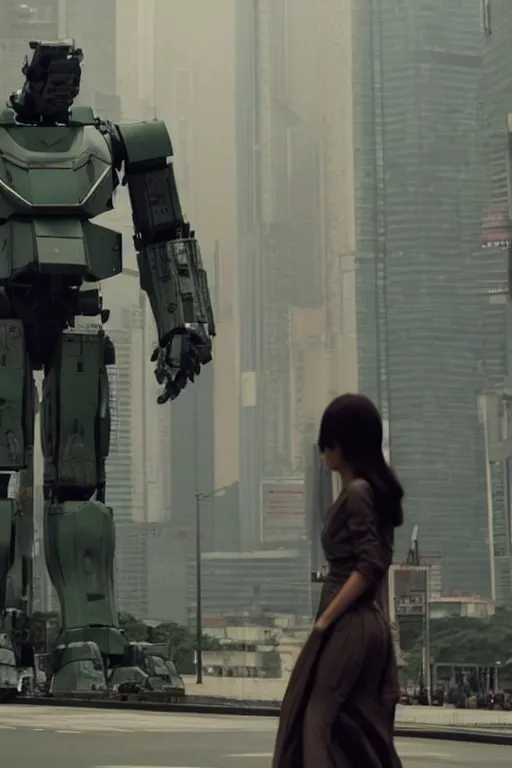 Image similar to portrait cinematography of beautiful young female, clothed in sci-fi military armor, long hair blowing in the wind. Giant mechs in the streets of Hong Kong. by Roger Deakins