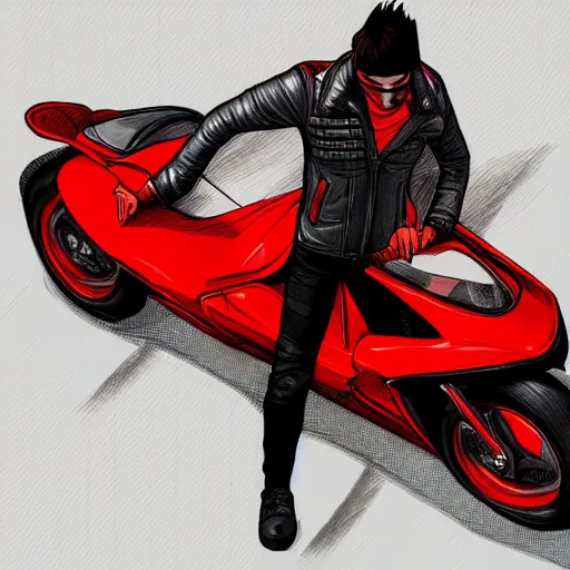 Image similar to man with a red jacket walking toward a red futuristic racing motorbike, isometric view, ink drawing, panoramic view, wide angle, ultra realistic, intricate details, cyberpunk, ultra detailed, sharp focus, trending on artstation