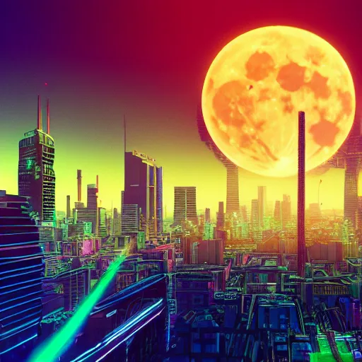 Image similar to a cityscape with a big moon, vaporwave, synthwave, glowing neon lights, detailed illustration, octane render, god rays, intricate, epic lighting, cinematic composition, hyper realistic, 8 k resolution, unreal engine 5, by artgerm, tooth wu, dan mumford, beeple, wlop, artstation