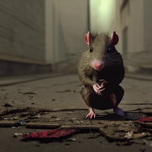 Prompt: a rat with donald trump face, filthy, sewer, garbage, worms, ugly, smooggy, dirty, grotesque, apocalyptic, cinematic, volumetric illumination, octane render, 8 k,