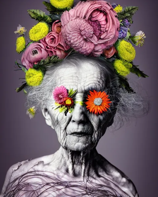 Image similar to a portrait of a fleshy old woman covered in flowers in the style of guiseppe arcimboldo and james jean, covered in wispy gray hair with a hint of neon, hd 3 d, cinematic shot, volumetric lighting, 8 k