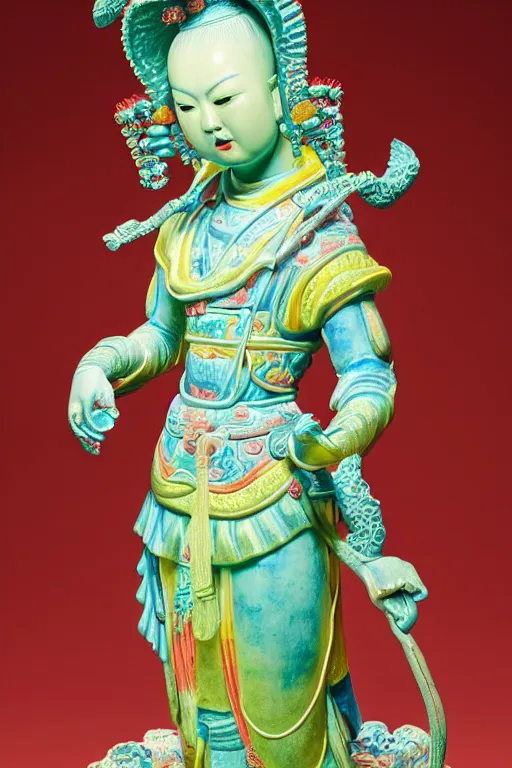 Prompt: an polished texturized sculpture of Curupira in vivid colored chinese porcelain by kris kuksi