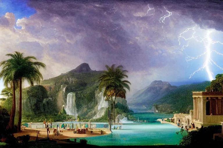 Image similar to Palace of the chalice, refracted sparkles, thunderstorm, greek pool, beach and Tropical vegetation on the background major arcana sky, by paul delaroche, hyperrealistic 4k uhd, award-winning, very detailed paradise