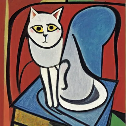 Prompt: painting of a cat on a chair, by Picasso
