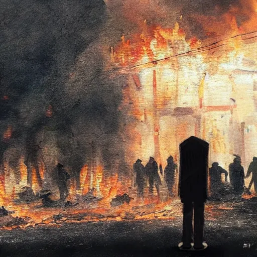 Prompt: the city is burning and fire is everywhere just a man was standing alone crying while world is getting destroyed detailed picture