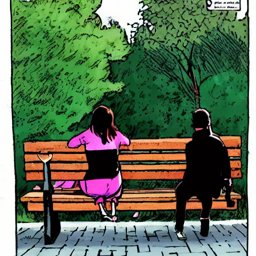 Prompt: a couple sitting on a park bench, comic book art