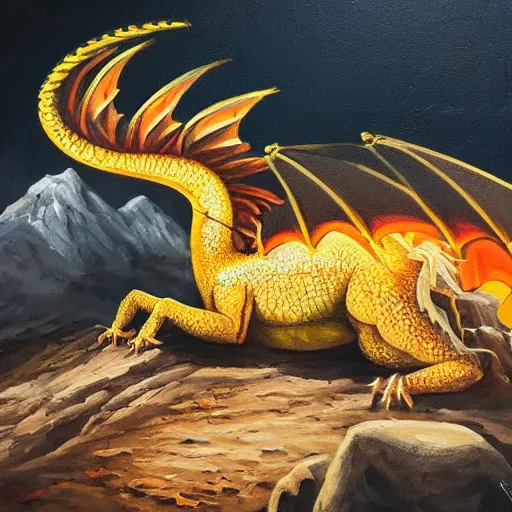 Image similar to beautiful oil painting of a dragon guarding a cave in mountain