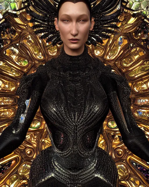 Prompt: a highly detailed metahuman 8 k close up render of bella hadid black cobra renaissance in iris van herpen dress schiaparelli in diamonds crystals swarovski and jewelry iridescent in style of alphonse mucha gustav klimt trending on artstation made in unreal engine 4