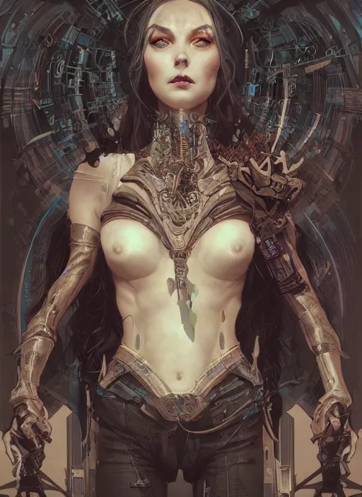 Image similar to a beautiful illustration of a cyberpunk witch with horns in head, intricate, sharp focus, illustration, highly detailed, digital painting, concept art, matte, art by wlop and artgerm and greg rutkowski and alphonse mucha, masterpiece