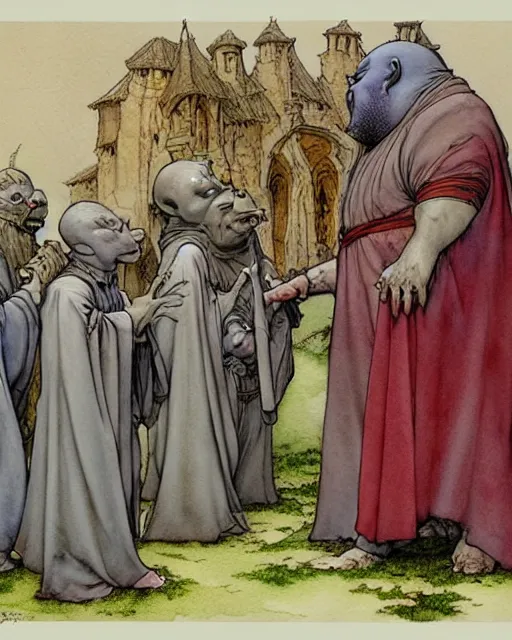 Image similar to a realistic and atmospheric watercolour fantasy character concept art portrait of a fat adorable dirty chibi alien greeting a group of medieval monks in grey robes. by rebecca guay, michael kaluta, charles vess and jean moebius giraud