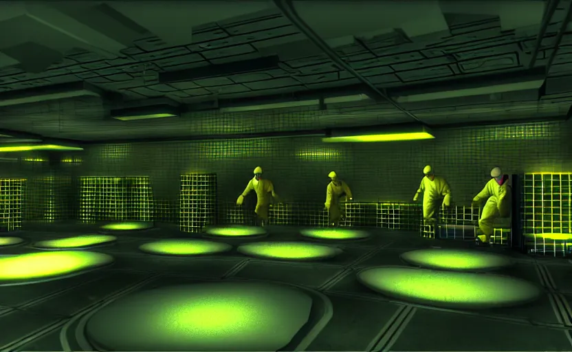 Image similar to in-game screenshot of a group of hazmat scientists on Playstation 2, in a liminal underground garden, photorealistic, retrofuturism, brutalism, staggered terraces, minimalist, soft vintage glow