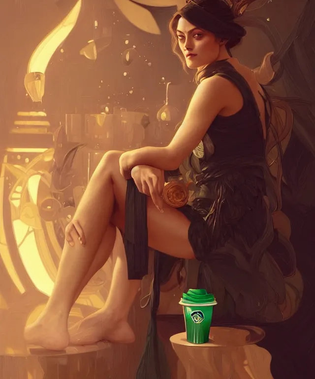 Image similar to Phoebe Tonkin as a very happy starbucks barista, portrait, intricate, elegant, highly detailed, digital painting, artstation, concept art, smooth, sharp focus, illustration, art by artgerm and greg rutkowski and alphonse mucha