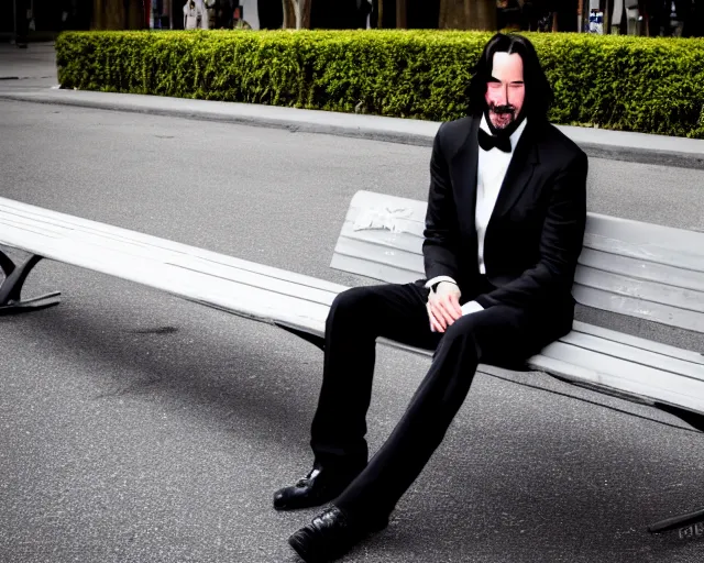 Image similar to photo of happy keanu reeves in jeans and black tux jacket sitting on a bench in the street. dof. lifelike. ultra detailed. intricate. soft light. nikon d 8 5 0.