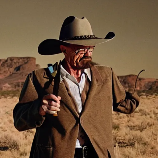 Image similar to walter white wearing a cowboy outfit and smoking a cigar in a desert full of bushes