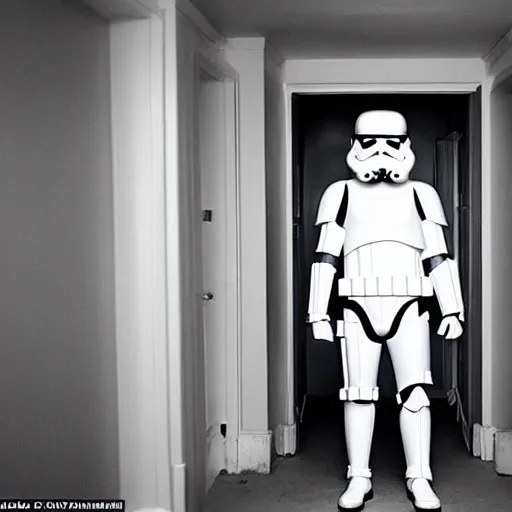 Image similar to an amazing award winning photo of a stormtrooper standing in a room in an asylum