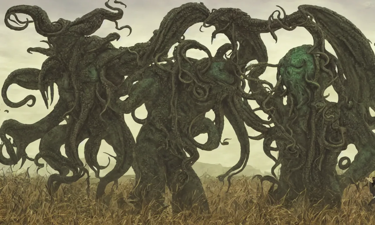 Prompt: cthulhu dancing with an engineer in a farm, cinematic shot