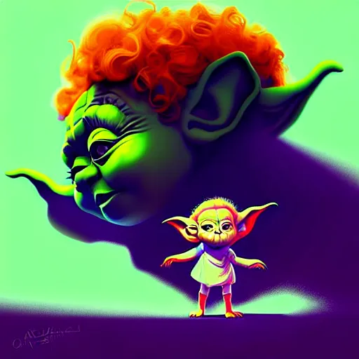 Image similar to curled perspective digital art of curly brown hair baby girl playing ball with yoda by anton fadeev from nightmare before christmas