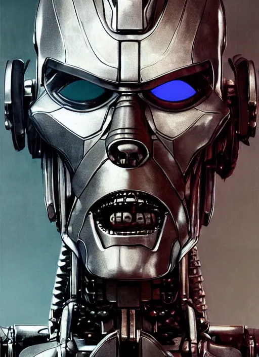 Image similar to portrait of willem dafoe as tinman, cyborg, borg, android, strogg, face of a man, body of a robot, droid, robocop, cable, victor stone, ultron, terminator, machine, flesh, quake, doom demon, wolfenstein, monster, symmetry, symmetrical, concept art by ruan jia and greg rutkowski