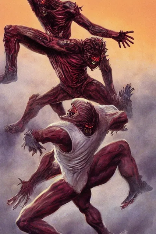 Image similar to the undead football player fights an ancient god, concept art by boris vallejo and michael whelan