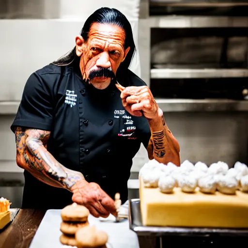 Image similar to photo of danny trejo working as a pastry chef, 8 k, 5 2 mm f 1. 8