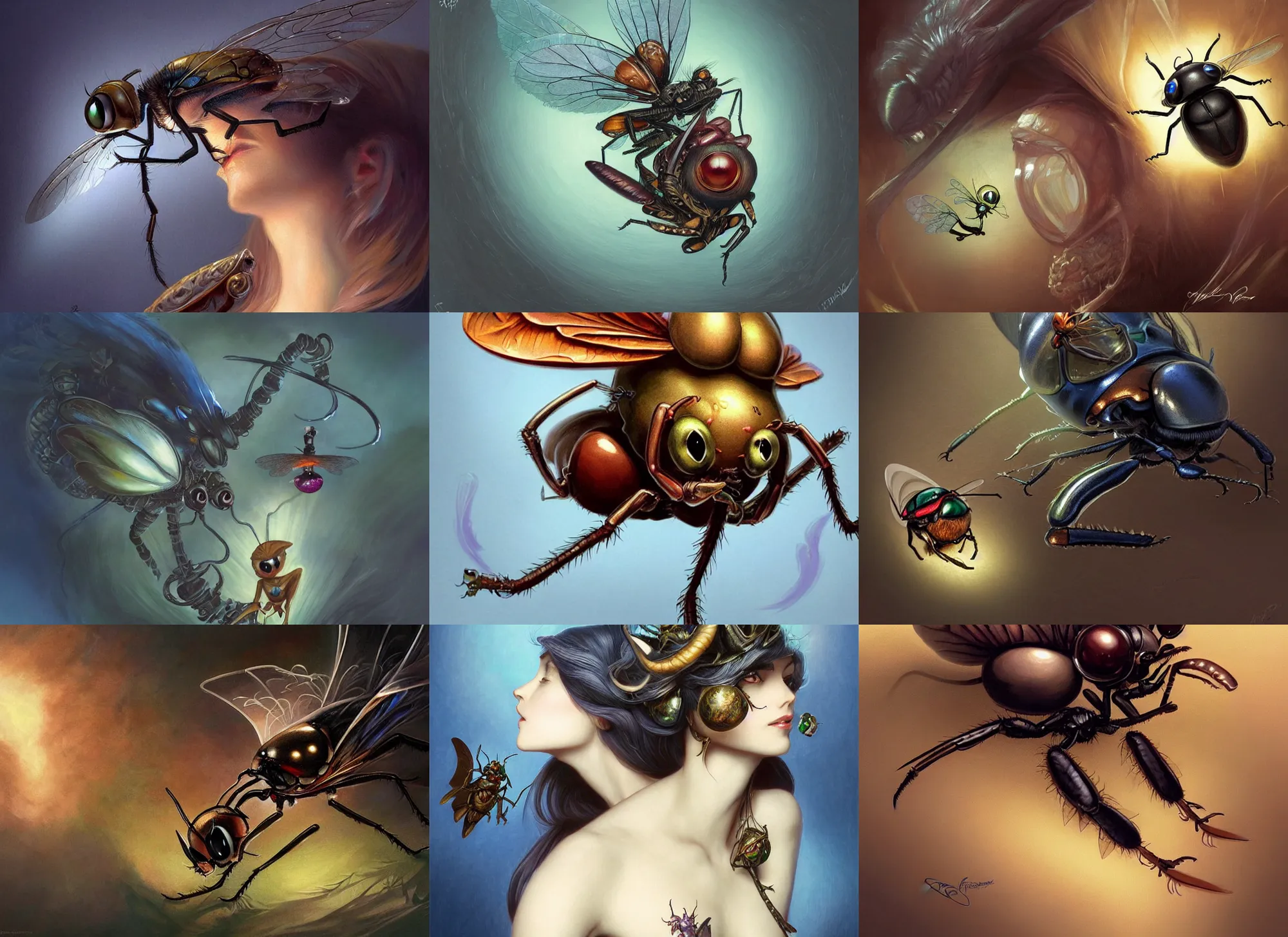 Prompt: an anthropomorphic fly with big eyes getting swatted, diffuse lighting, fantasy, intricate, elegant, highly detailed, lifelike, photorealistic, digital painting, artstation, illustration, concept art, smooth, sharp focus, art by frank frazetta and marco bucci and loish and rossdraws and artgerm and alphonse mucha