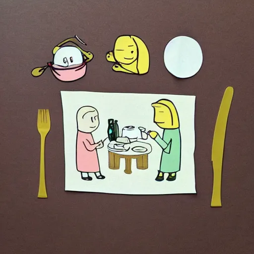 Image similar to Finn and Jake having dinner, layered paper style