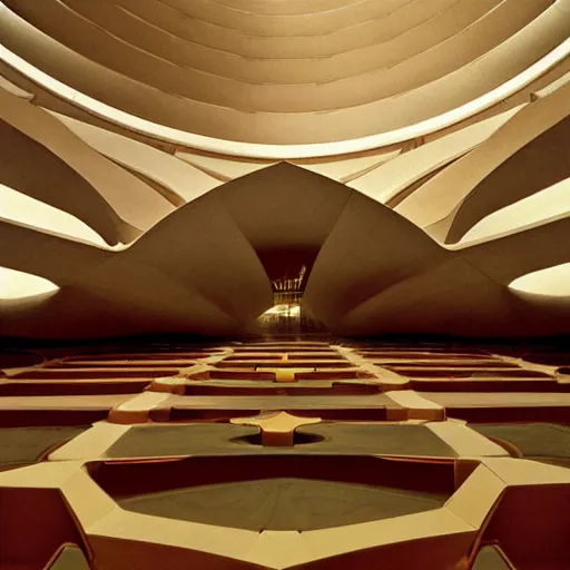 Image similar to interior of a futuristic lotus temple with gold, red and white marble panels, in the desert, by buckminster fuller and syd mead, intricate contemporary architecture, photo journalism, photography, cinematic, national geographic photoshoot