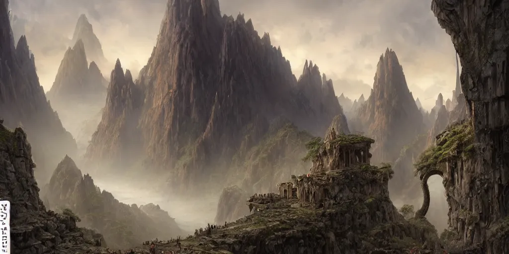 Image similar to a beautiful hyper realistic detailed matte painting of the entrance to a dungeon of the gods at the base of an ancient mountain, dramatic lighting, dynamic lighting, cinematic lighting, lit by morning light, by raphael lacoste and john howe and andreas rocha, unreal engine, featured on artstation, ultrawide angle, f 8, polarizer filter : 1 0