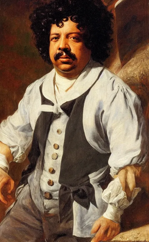 Image similar to Portrait of Alexandre Dumas, oil on canvas, highly detailed, by Delacroix, 8k