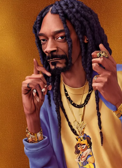 Image similar to snoop dogg is a disney princess, hyper detailed, digital art, trending in artstation, cinematic lighting, studio quality, smooth render, unreal engine 5 rendered, octane rendered, art style by klimt and nixeu and ian sprigger and wlop and krenz cushart.
