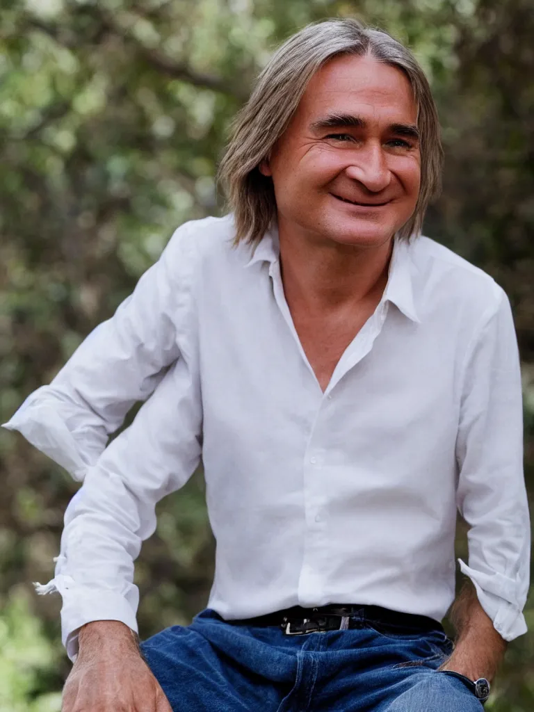 Prompt: portrait photograph of Braco the gazer , he has horns like the devil and is wearing a white shirt high definition, serene smile, happy, blue eyes