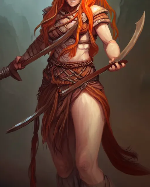Prompt: female firbolg dungeons and dragons with long braided peach color hair, wearing an old tunic, d & d digital character illustration, artstation trending female illustration, intricate, sharp focus, highly detailed, digital painting, matte, character art by prywinko art, amazing art of feminine ygritte, studio quality, masterpiece