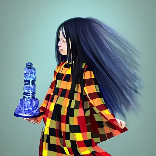 Prompt: mysterious girl child with her long black hair dressed in a chequered cape, carrying blue very big magical crystal, digital art, hd, 4 k, hyper detailed