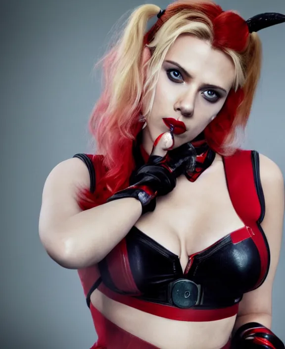 Image similar to scarlett johansson modeling as harley quinn, professional photograph