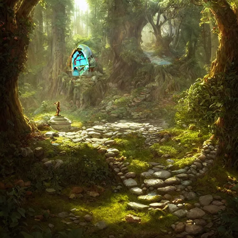 Prompt: Fantasy Magical fairy-tale stone portal in the forest. Round stone portal teleport in trees to other worlds. Fantastic landscape. Magic Altar in the fores, highly detailed, digital painting, artstation, concept art, smooth, sharp focus, illustration, art by greg rutkowski and alphonse mucha